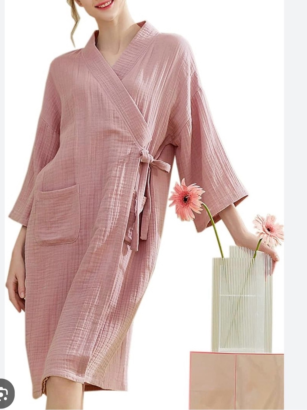Betusline Women's Pink Cotton Wrap Robe - Soft Kimono Sleepwear EUC 1018